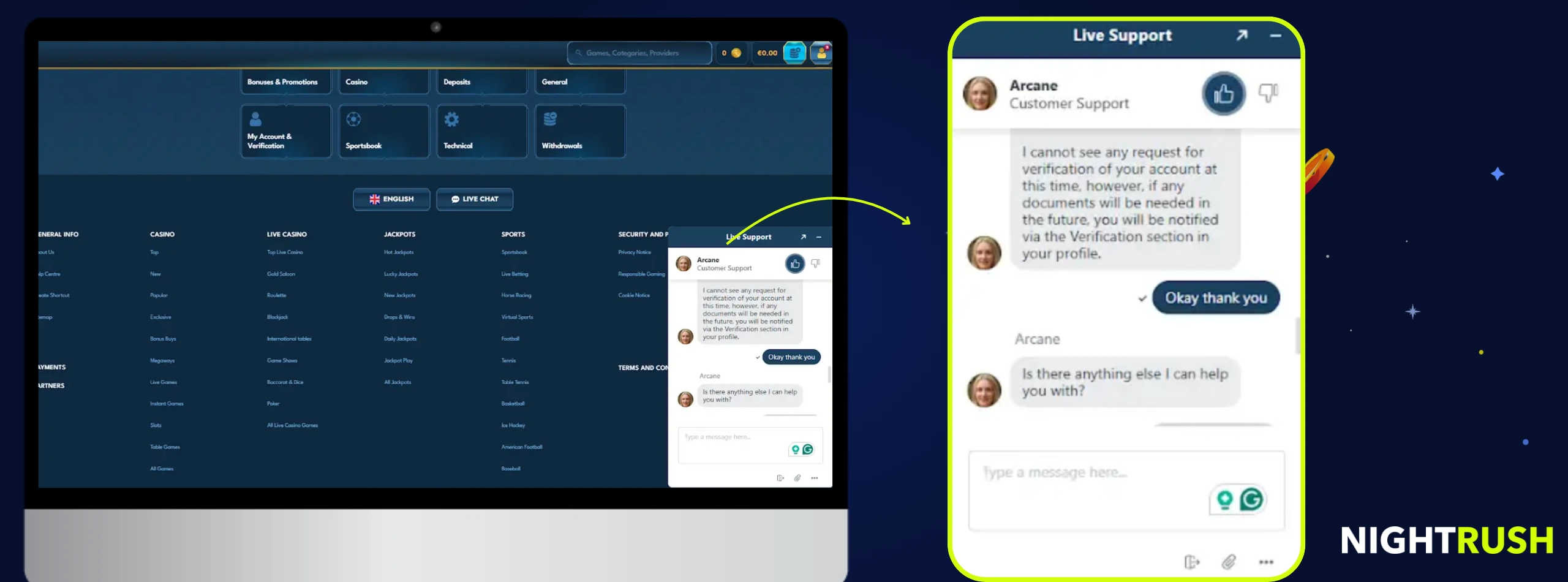 A laptop showing a casino website with a highlighted live chat window for customer support.
