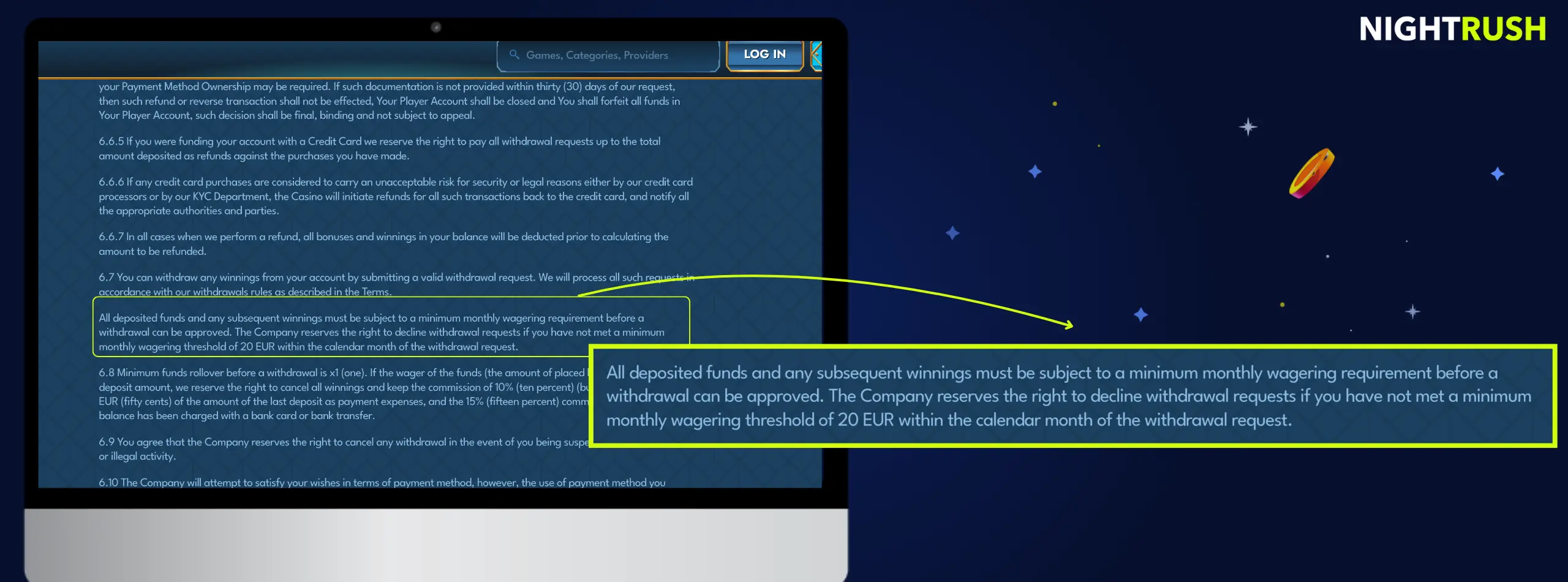 A laptop showing terms and conditions with a highlighted callout box detailing wagering rules.