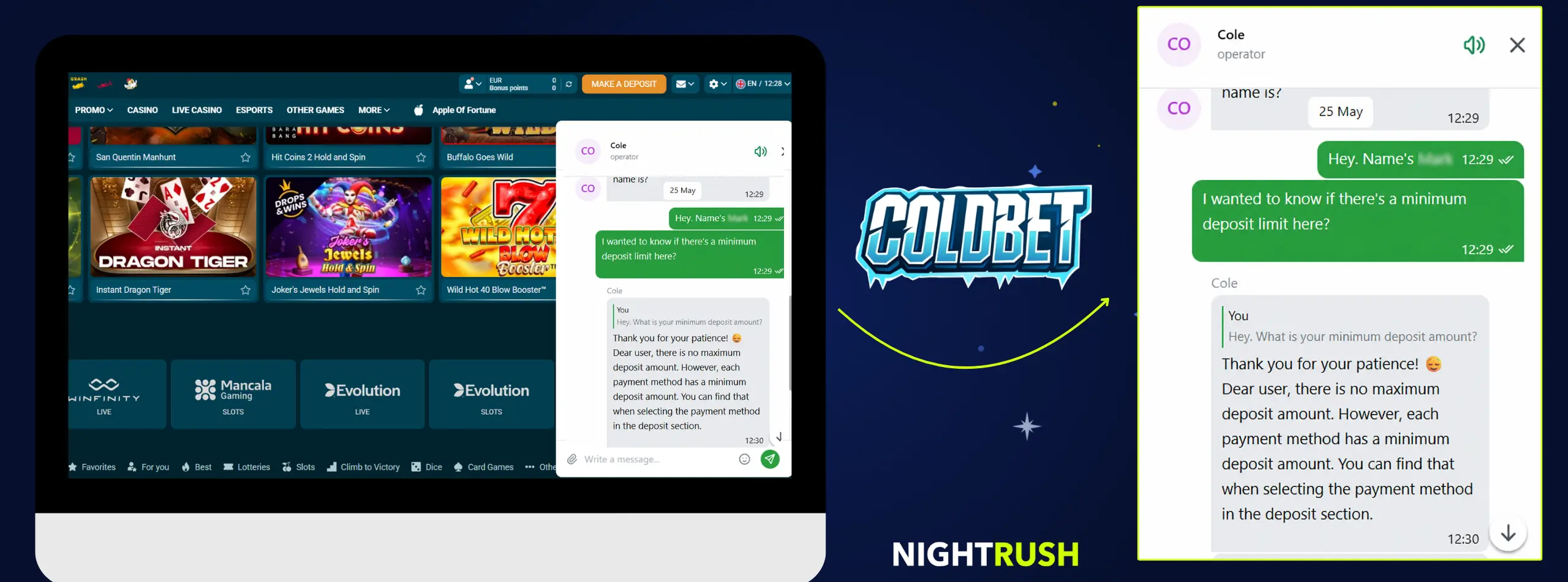 Coldbet Casino live chat conversation