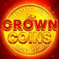 Bright logo Crown Coins centered over a large gold coin on a glowing red background.