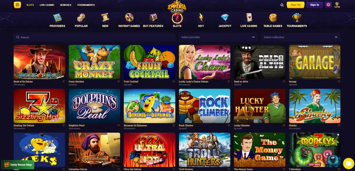 Emperia Casino slot games page