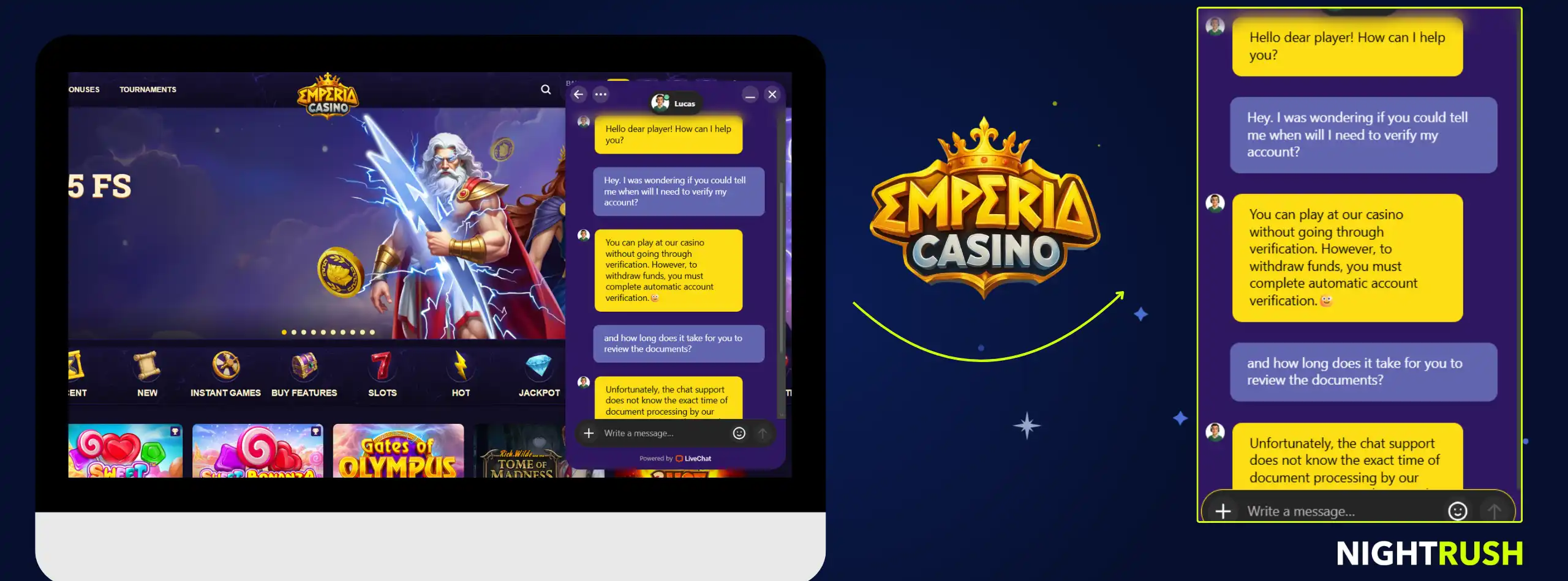 Emperia Casino live chat conversation