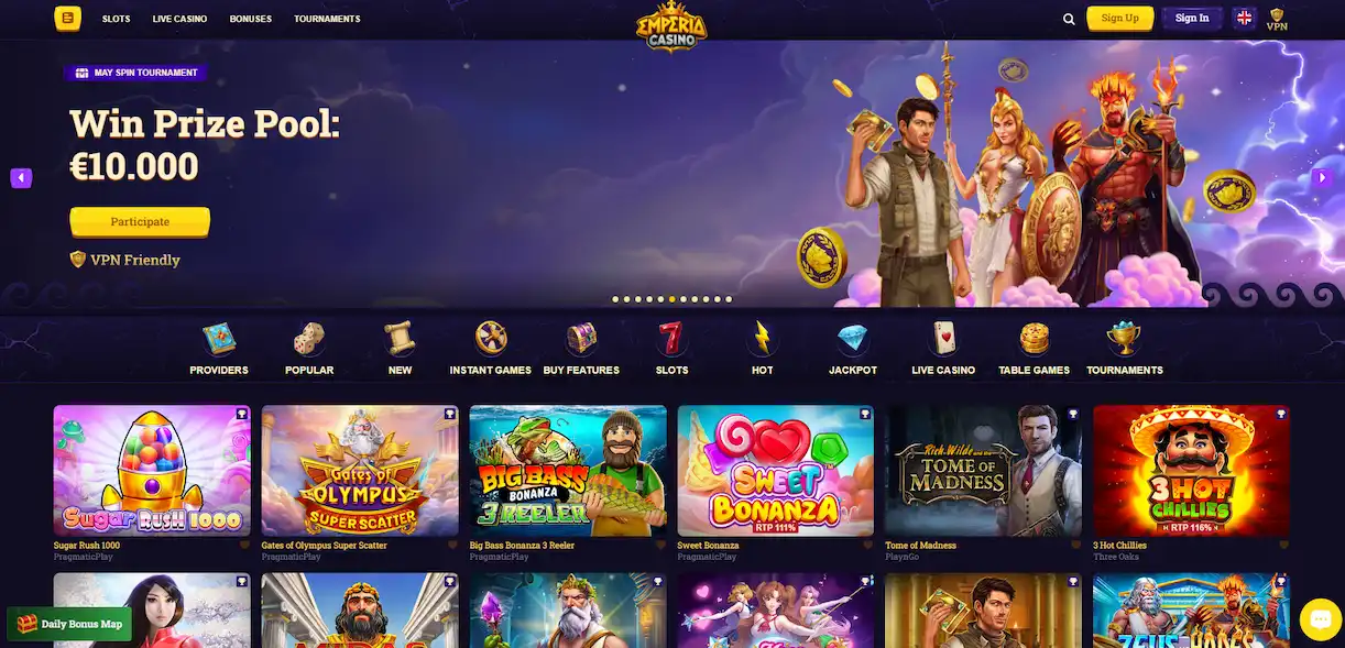 Emperia Casino homepage screen