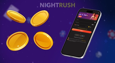 Smartphone showing a sign-up page next to four floating gold coins on a starry purple background.