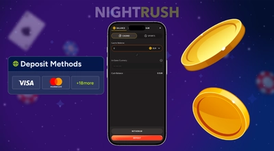 Smartphone showing a casino deposit screen with gold coins and payment logos on a purple background.