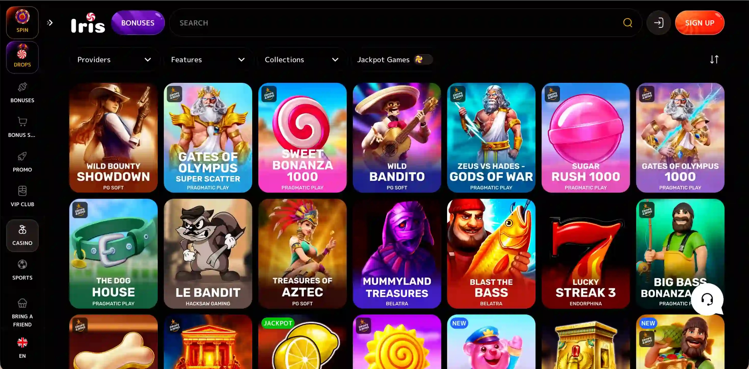Iris Casino game selection.