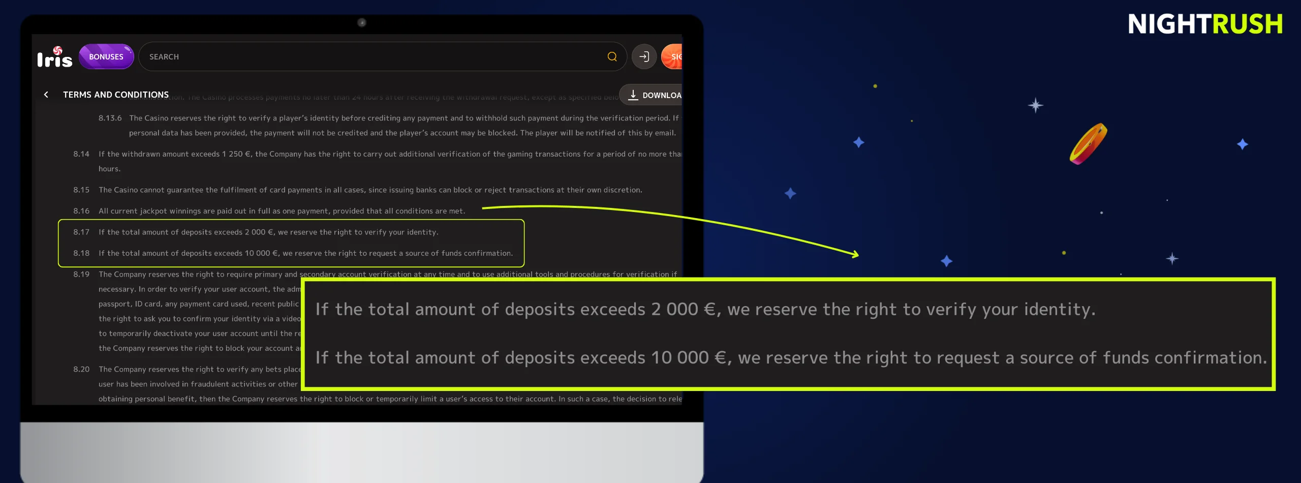 Screen showing casino terms and conditions with highlighted text about deposit verification rules.
