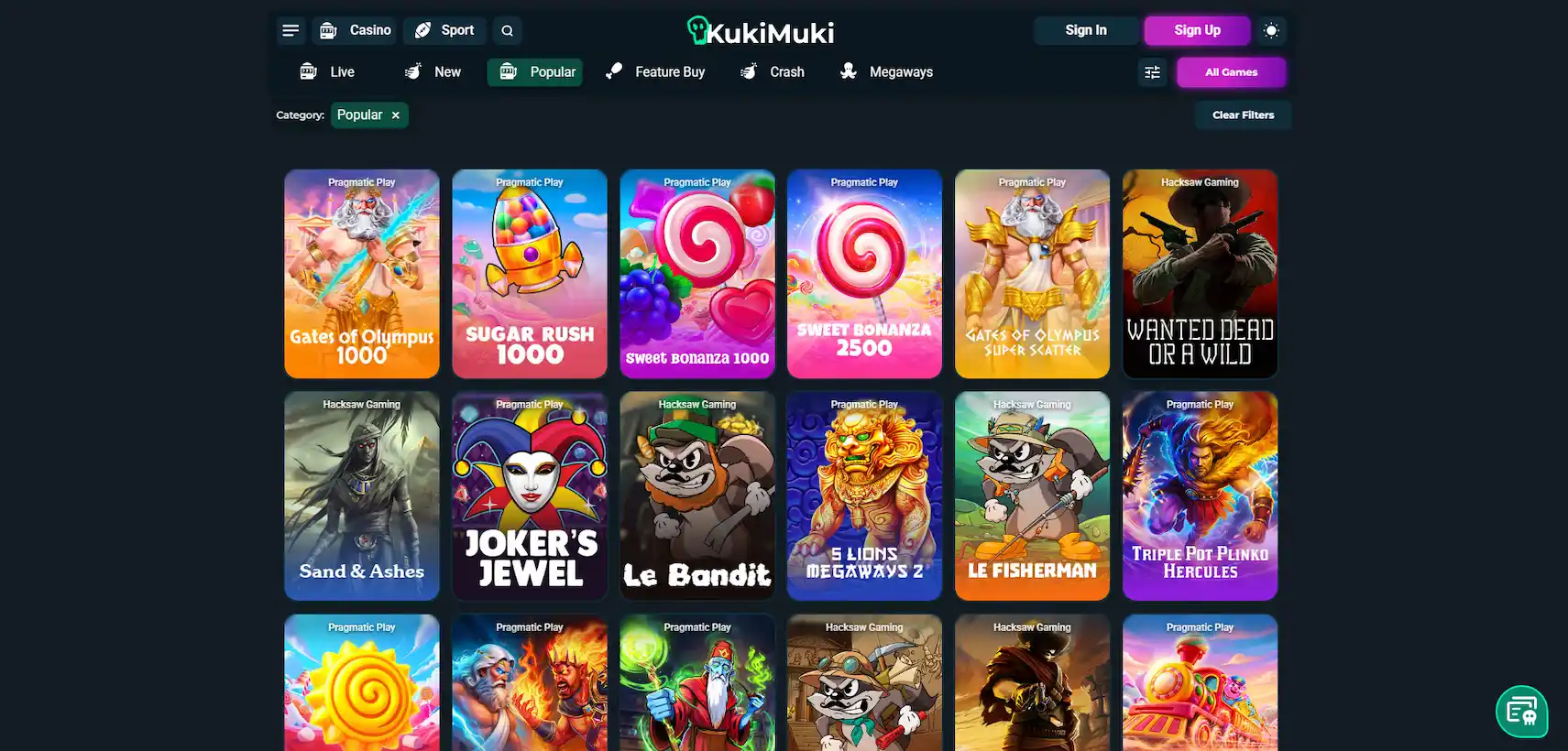 KukiMuki Casino games page