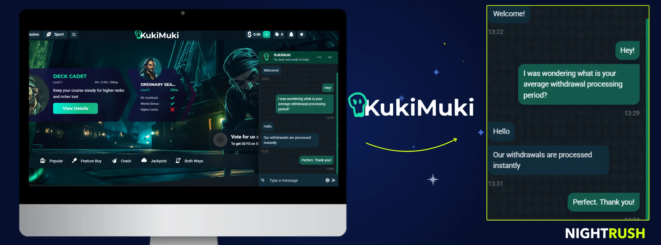 KukiMuki Casino live chat conversation