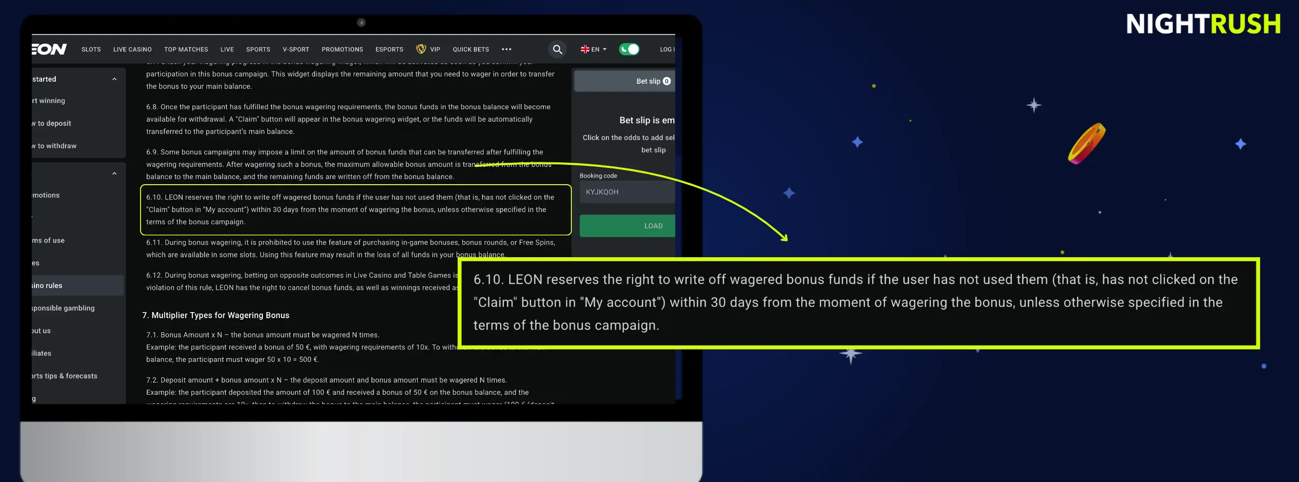 Laptop displaying bonus use rules on Leon Casino.