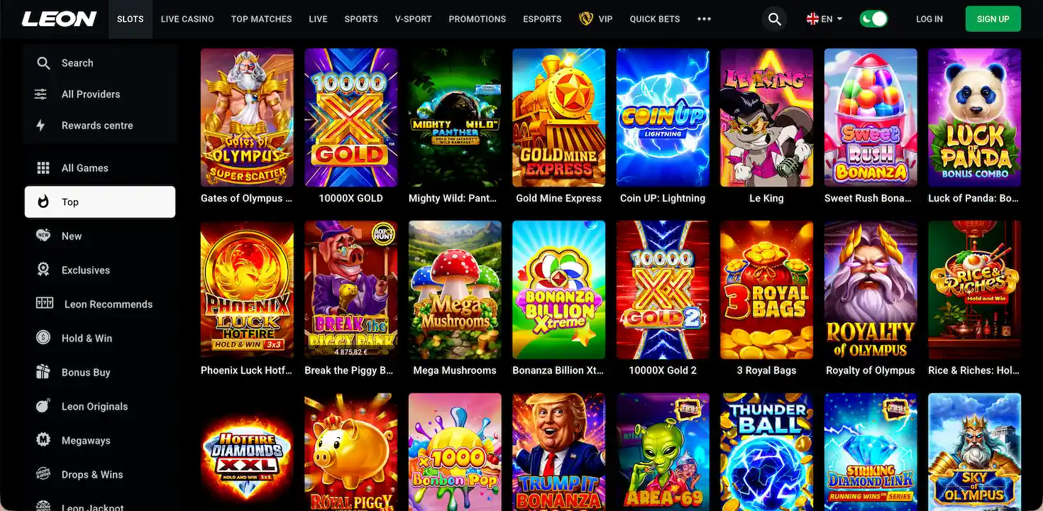 Leon Casino game selection.