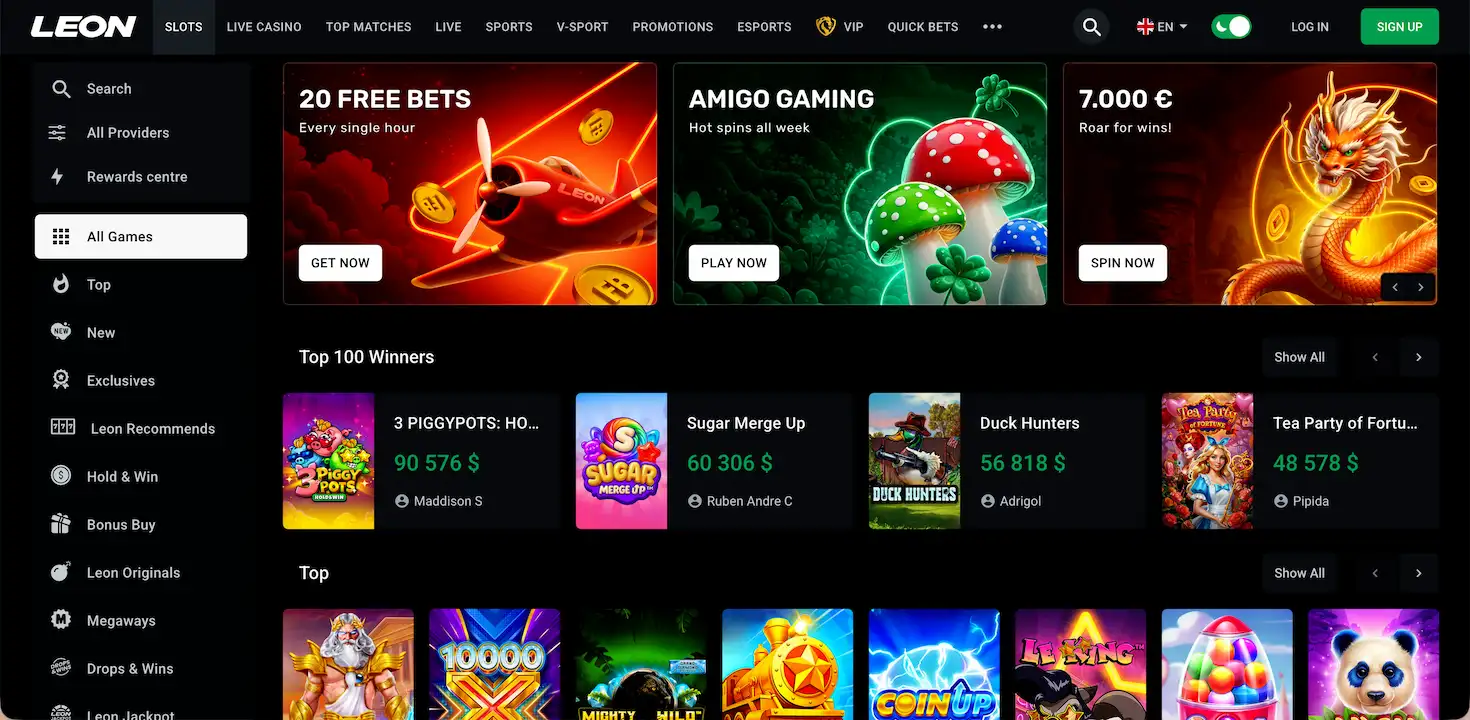 Leon Casino homepage.