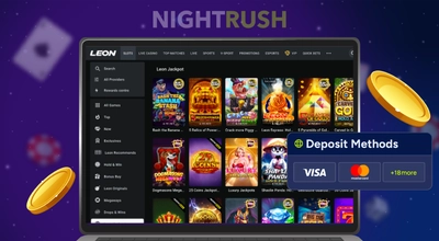 Laptop showing Leon casino games and a Deposit Methods pop-up with Visa and Mastercard.