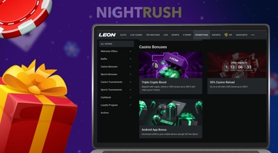 Laptop displaying Leon casino bonuses and promotions next to a large red gift box.