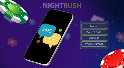 Smartphone showing an SMS icon next to a form for name, address, and phone number.