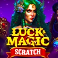 Luck and Magic scratch card game with a fantasy character and magical cards.