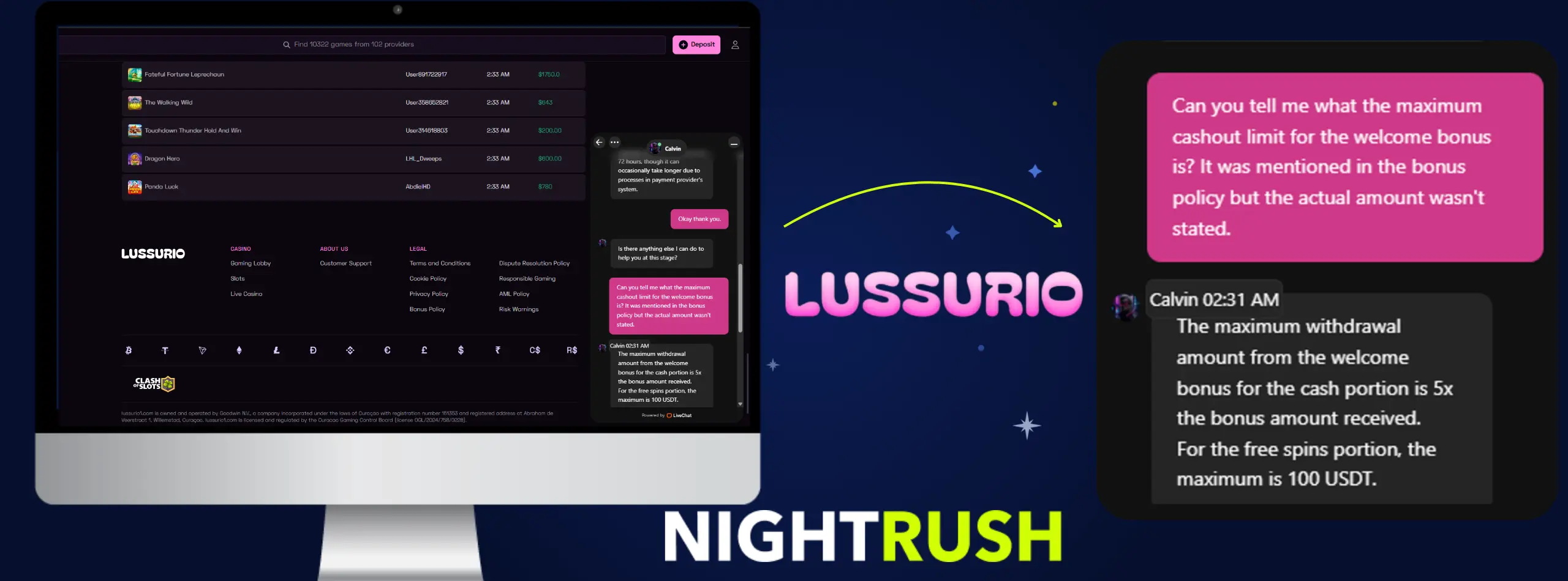 Lussurio Casino live chat conversation