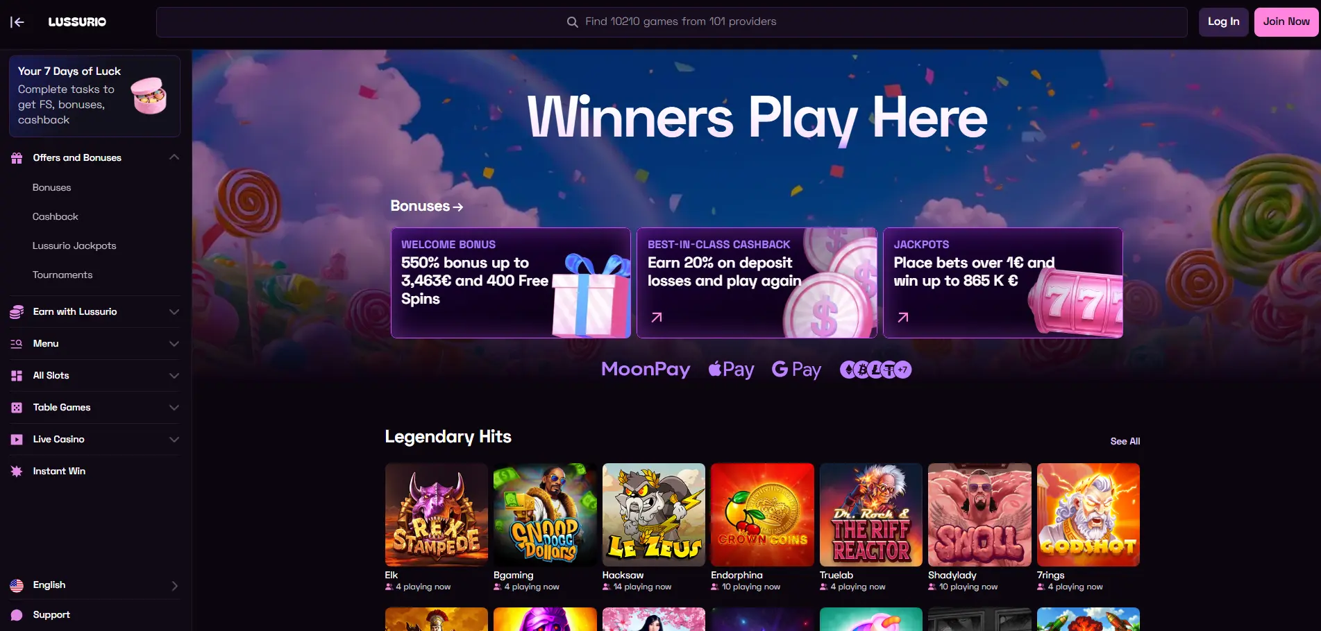 Lussurio Casino homepage
