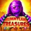 A purple mummy holding a Mummyland Treasures sign above scattered colorful jewels.