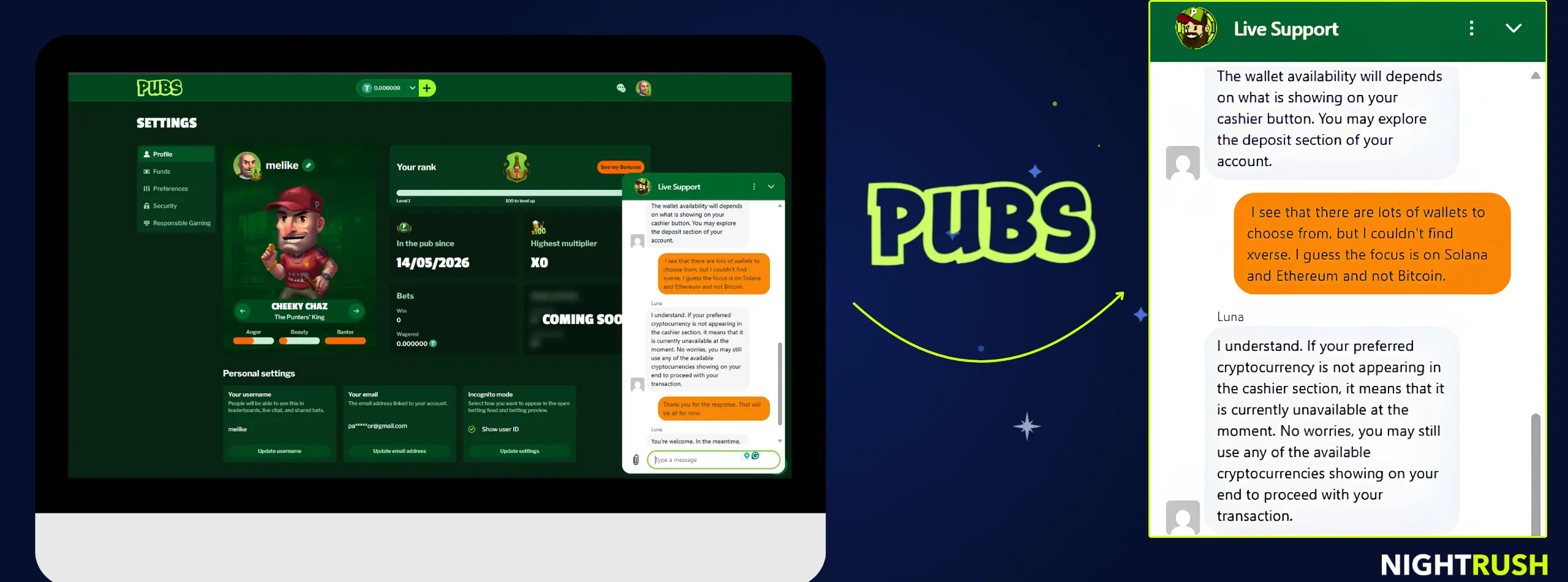 Pubs Casino live chat conversation