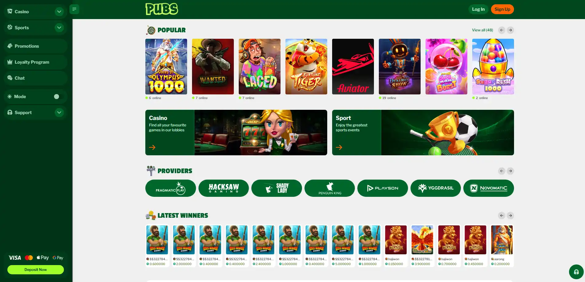 Pubs Casino homepage screen