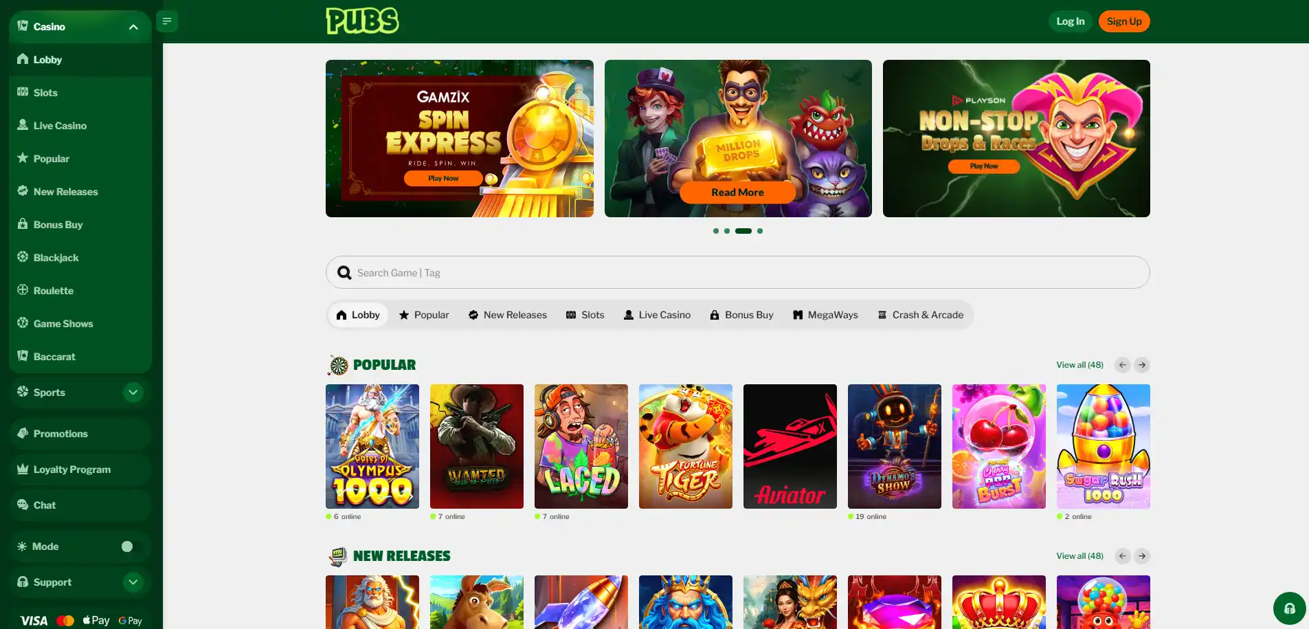 Pubs Casino games page