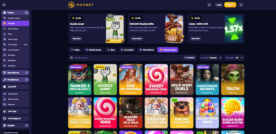 Roobet Casino games page