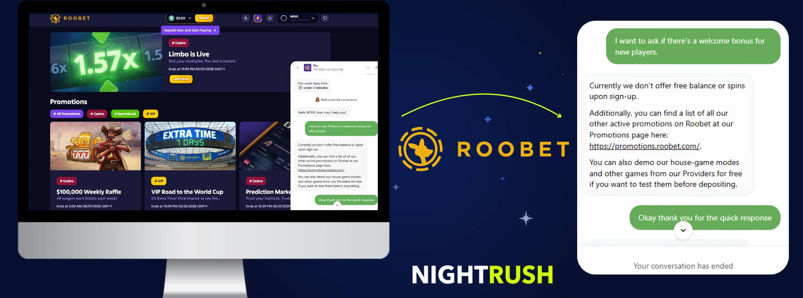 Roobet Casino live chat conversation.
