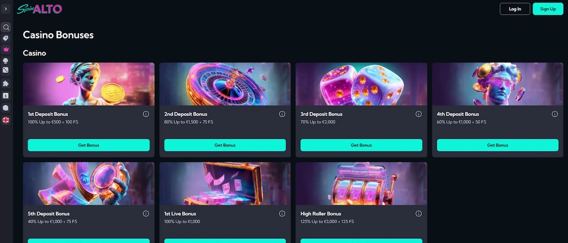 Screenshot of Spinalto promos page