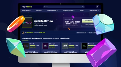 A desktop monitor displaying the Spinalto Casino review on NightRush with floating gems and coins.