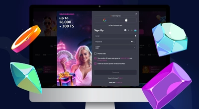 A desktop monitor displaying the Spinalto Casino sign-up pop-up with a welcome bonus offer.