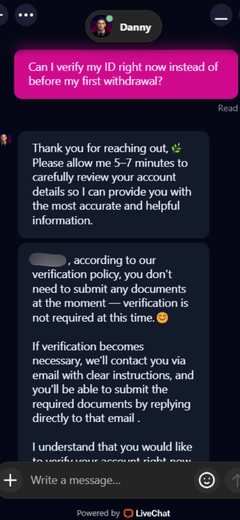 A live chat window showing a conversation with customer support regarding account ID verification.