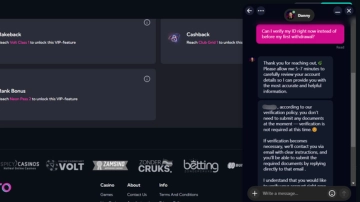 A live chat window with customer support over a blurred casino website background.
