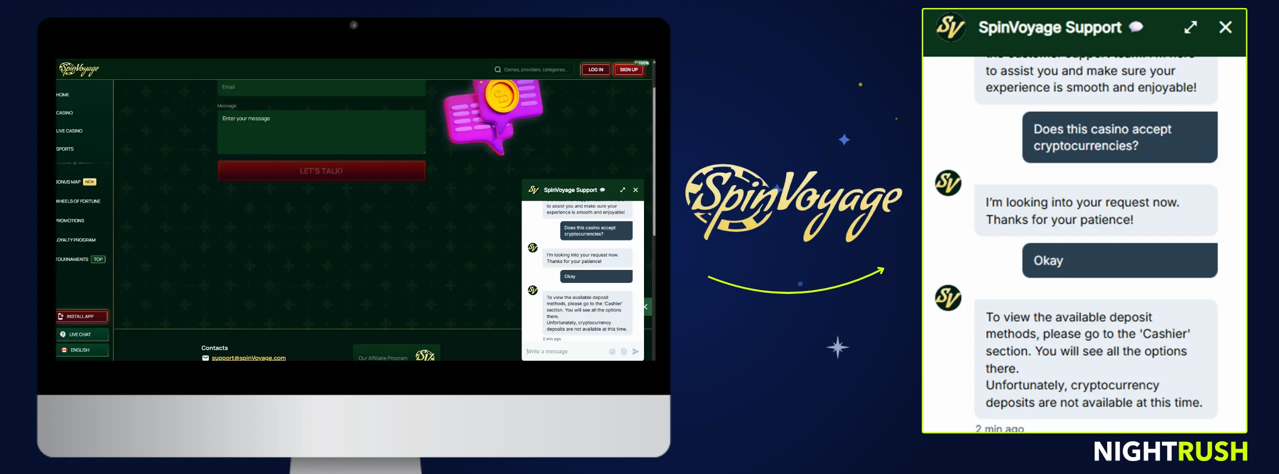 SpinVoyage live chat conversation