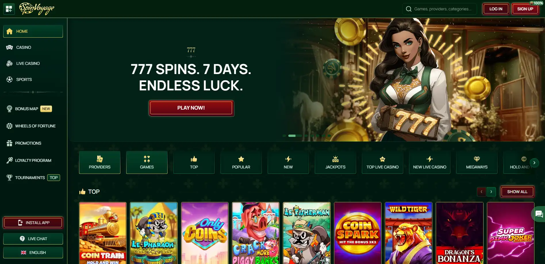 SpinVoyage Casino homepage screen
