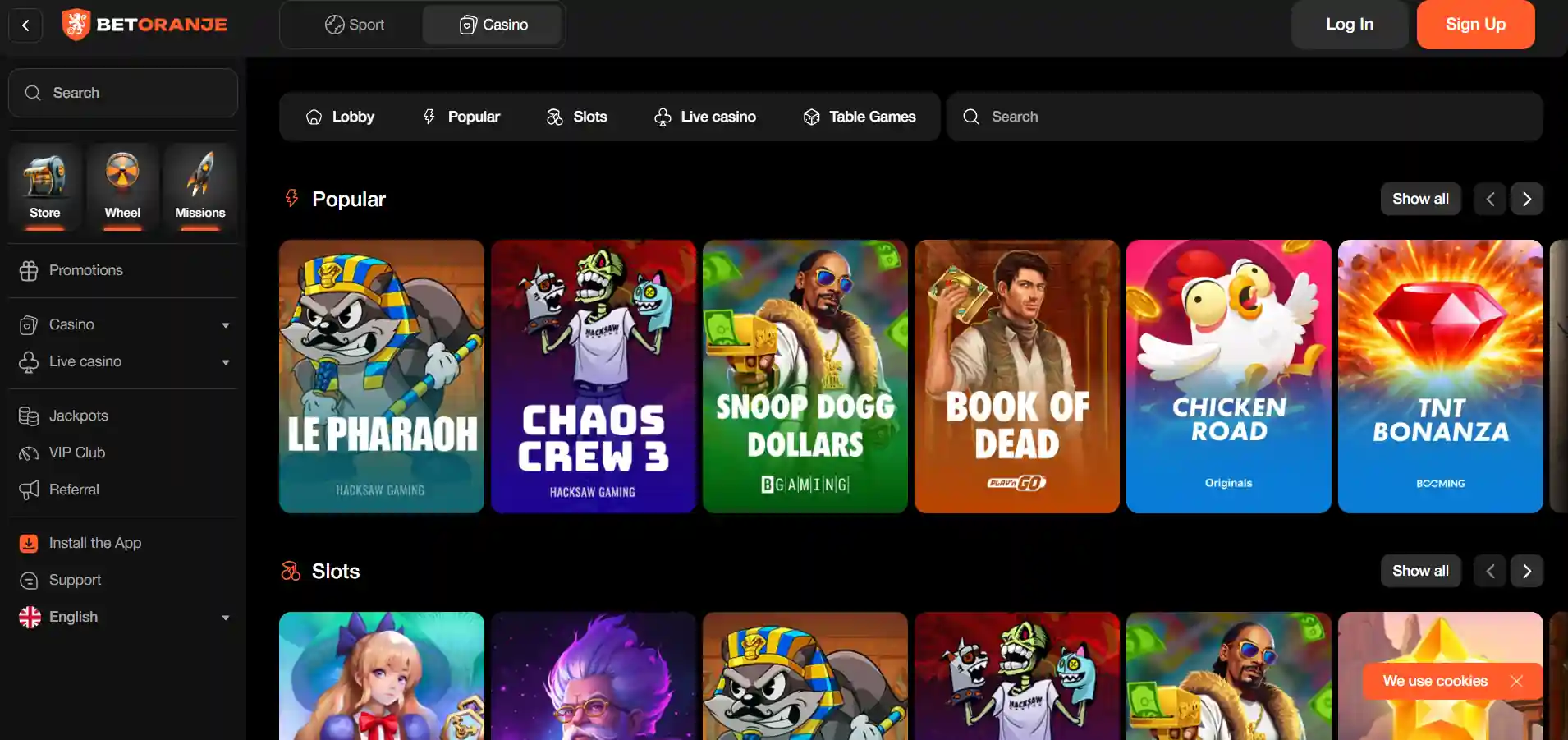 Betoranje Casino's main page with popular games and a menu against a dark background.