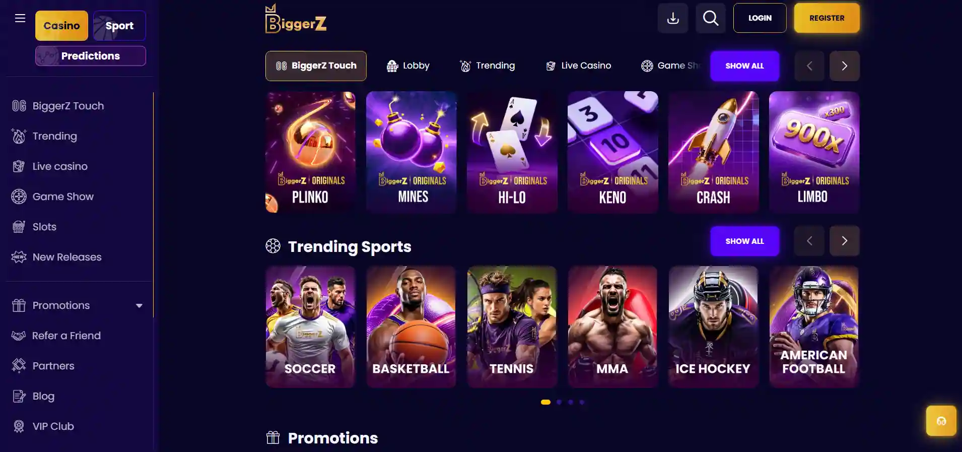 BiggerZ Casino's main page with the original games and trending sports against a blue background.