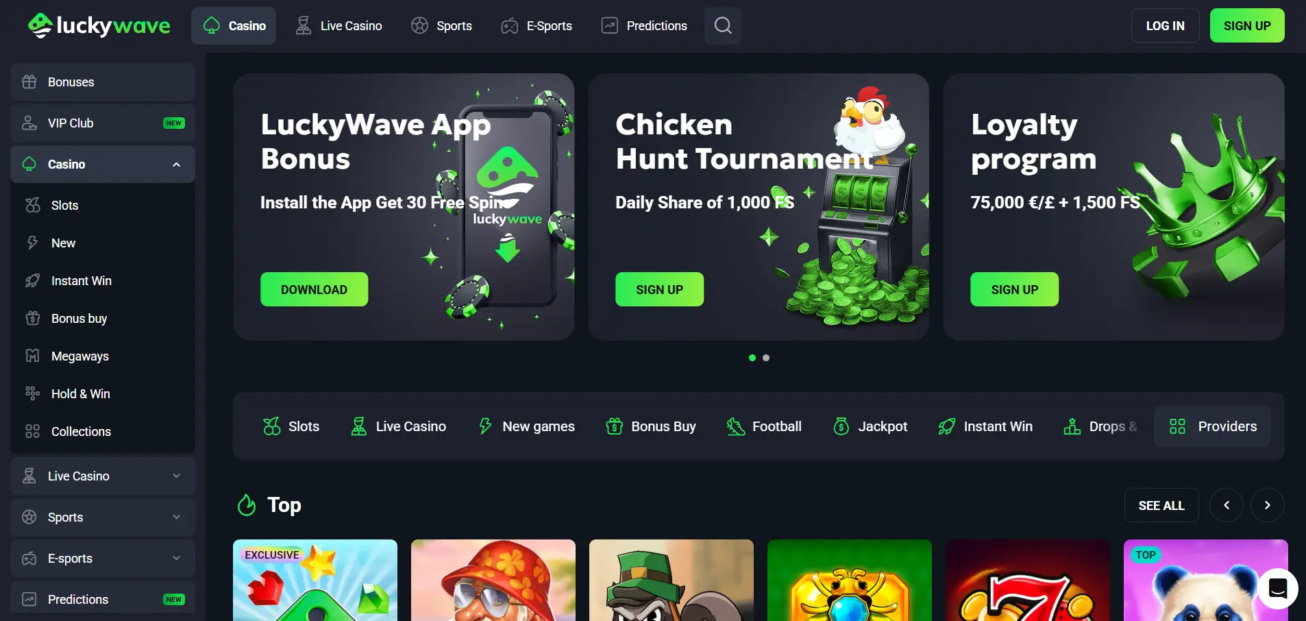 LuckyWave Casino's main page with a menu and filters against a black background.
