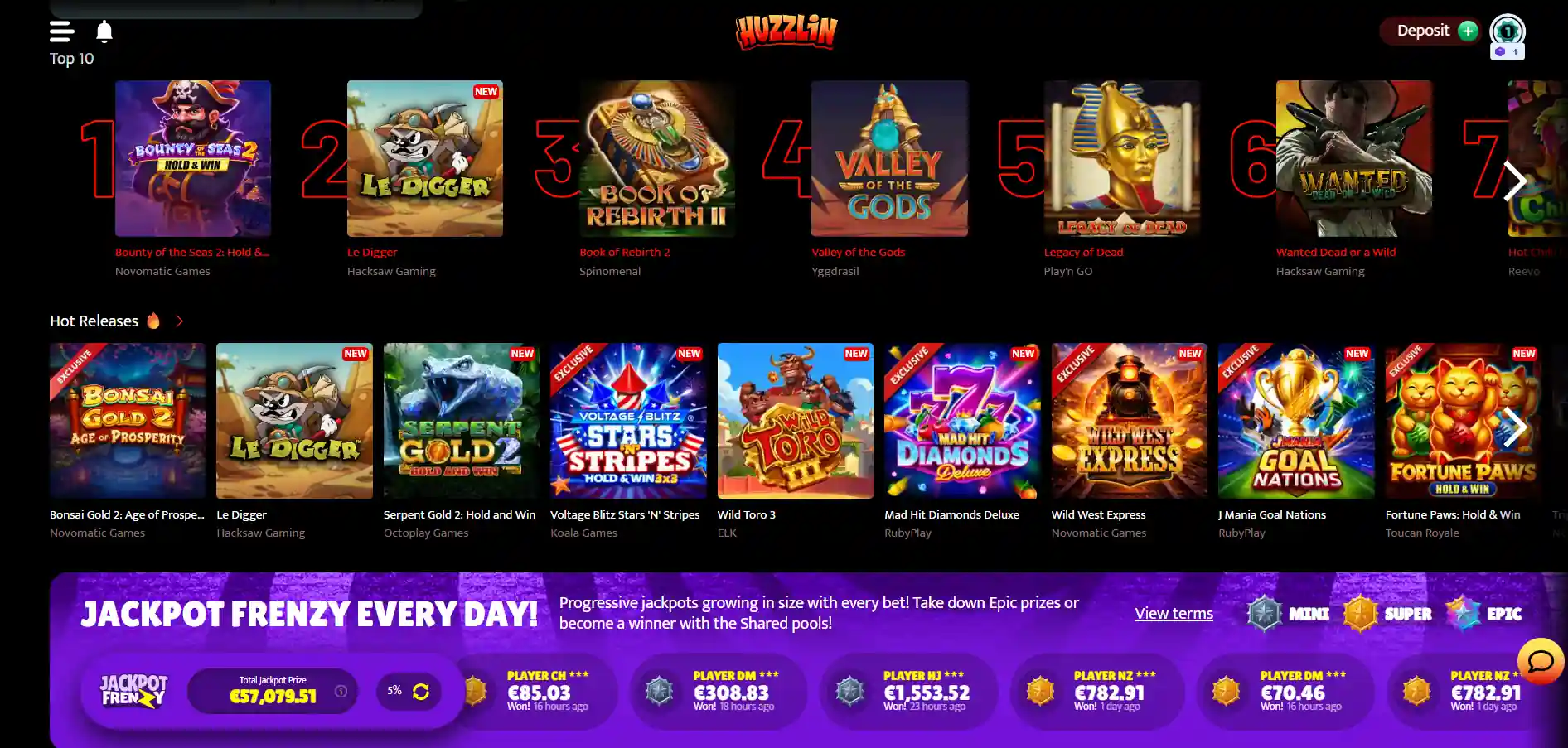 Huzzlin Casino's landing page with selected titles against a black background. 
