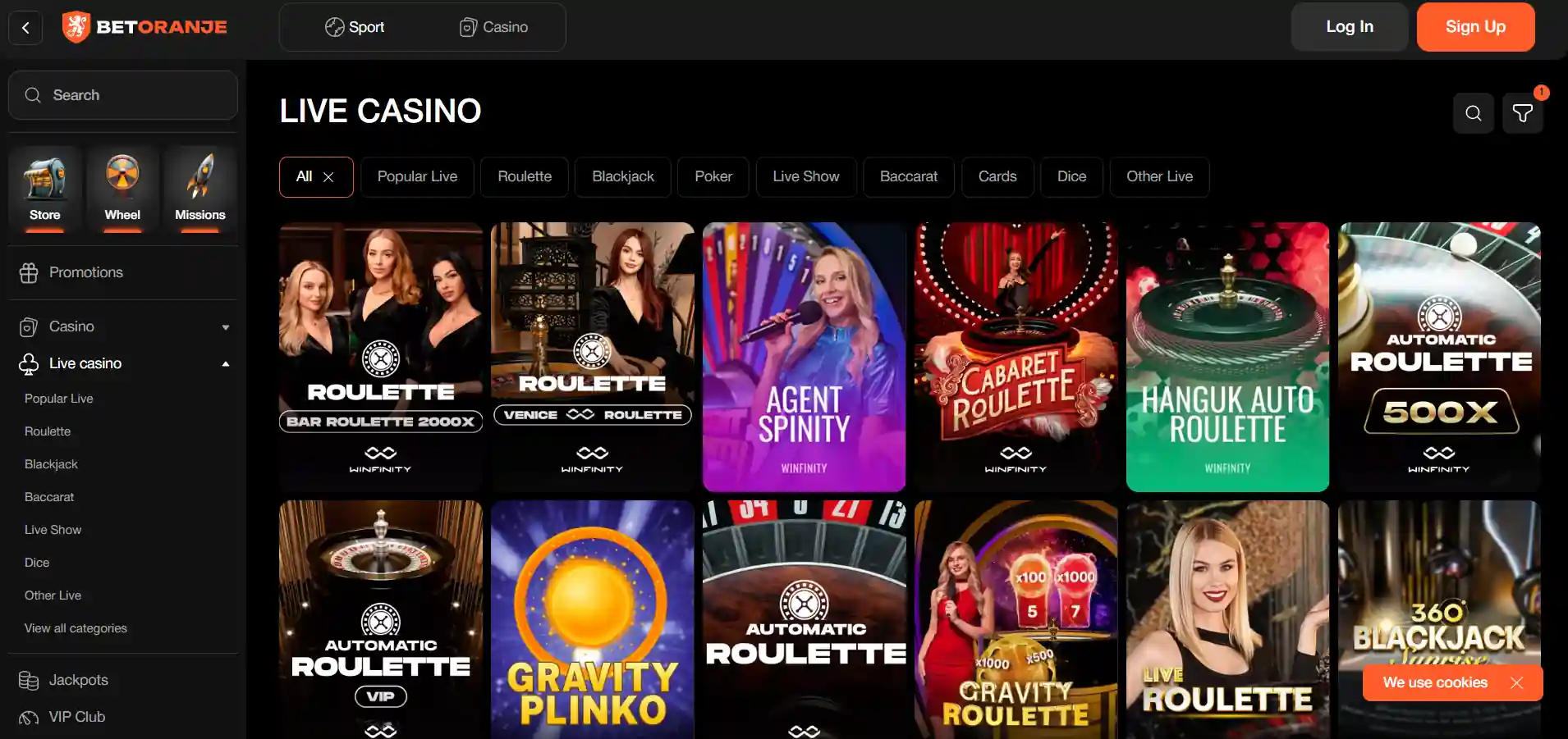 Betoranje Casino's live games with a menu against a dark background.