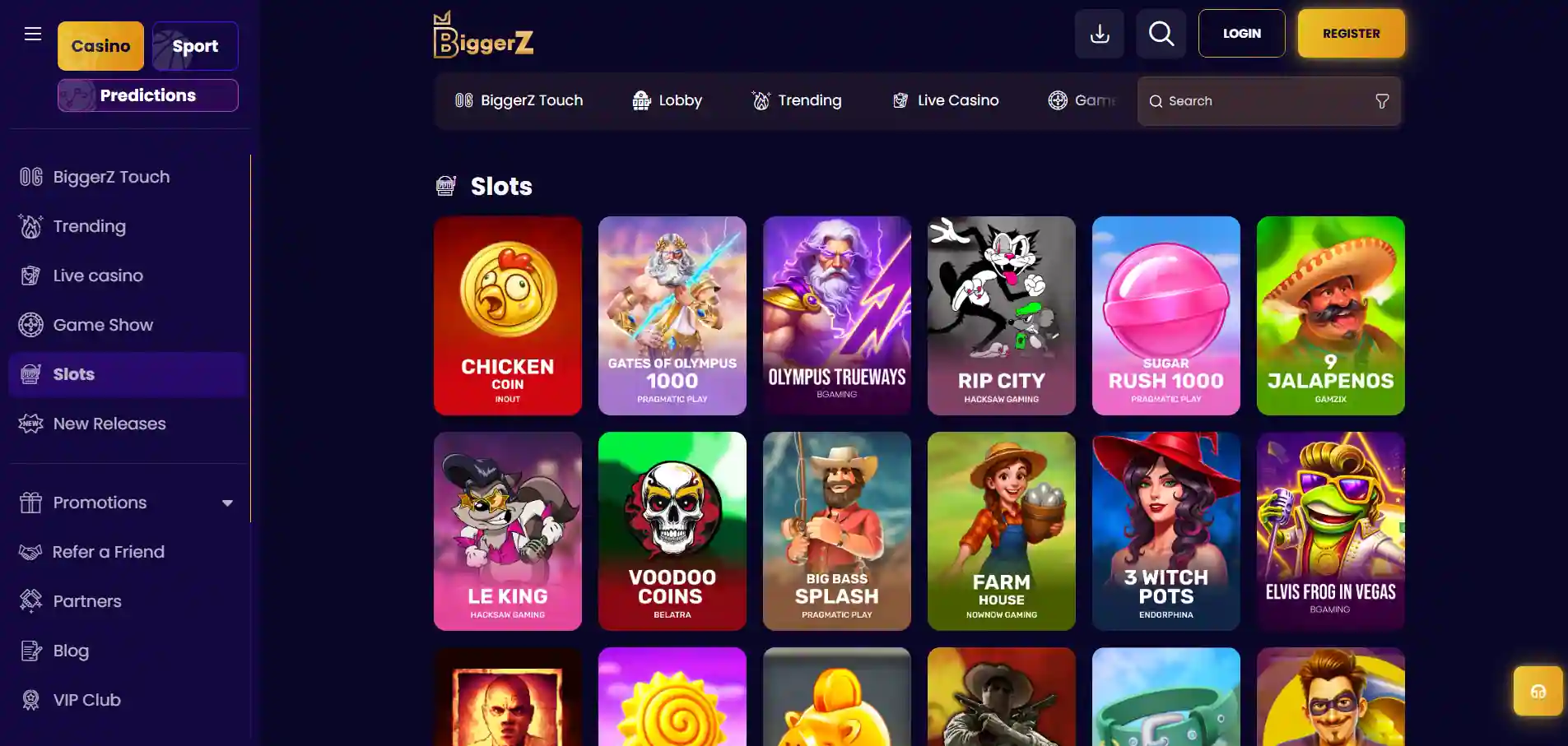 BiggerZ Casino's slots with the selected titles against a blue background.