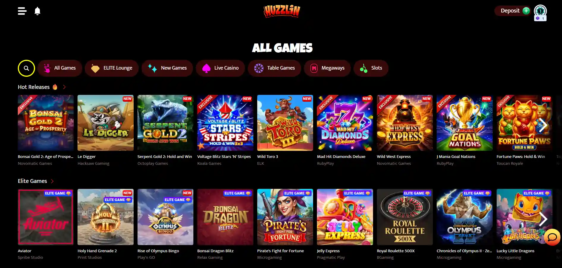 Huzzlin Casino's all games with selected titles against a black background.