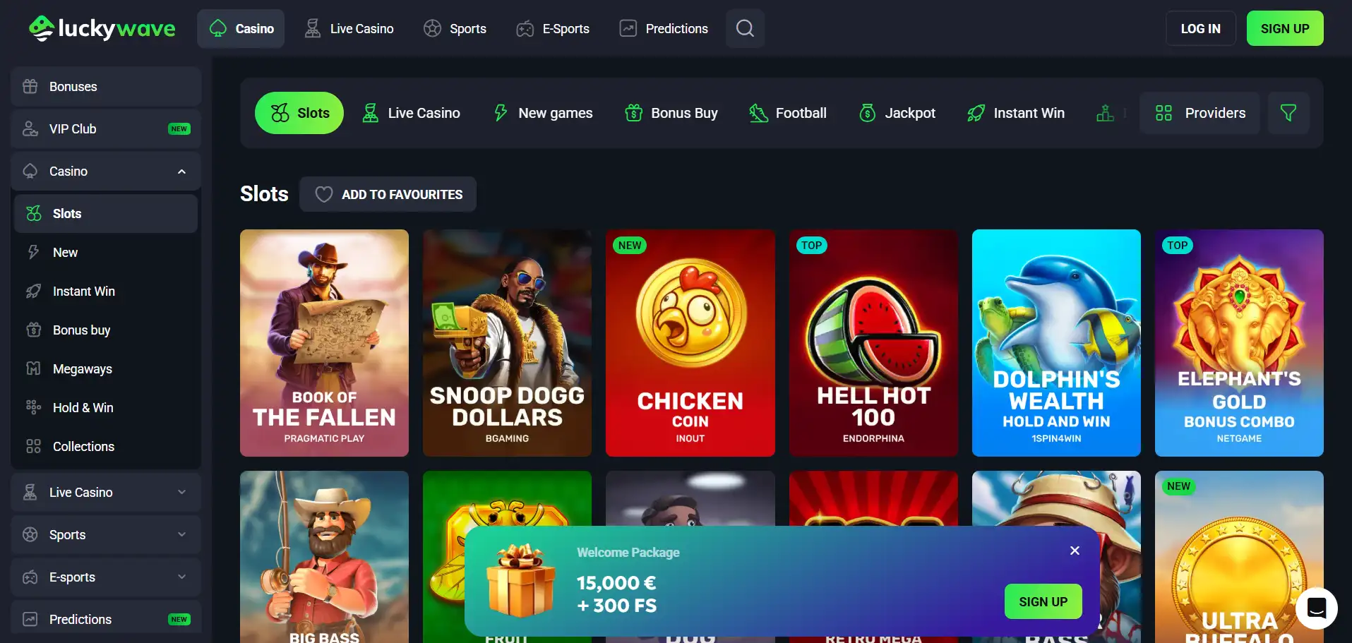 LuckyWave Casino's slot page with a menu and filters against a black background.