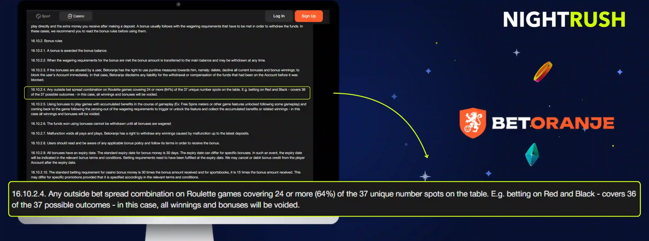 Betoranje Casino's terms about slot limits on a screen against a starry background.