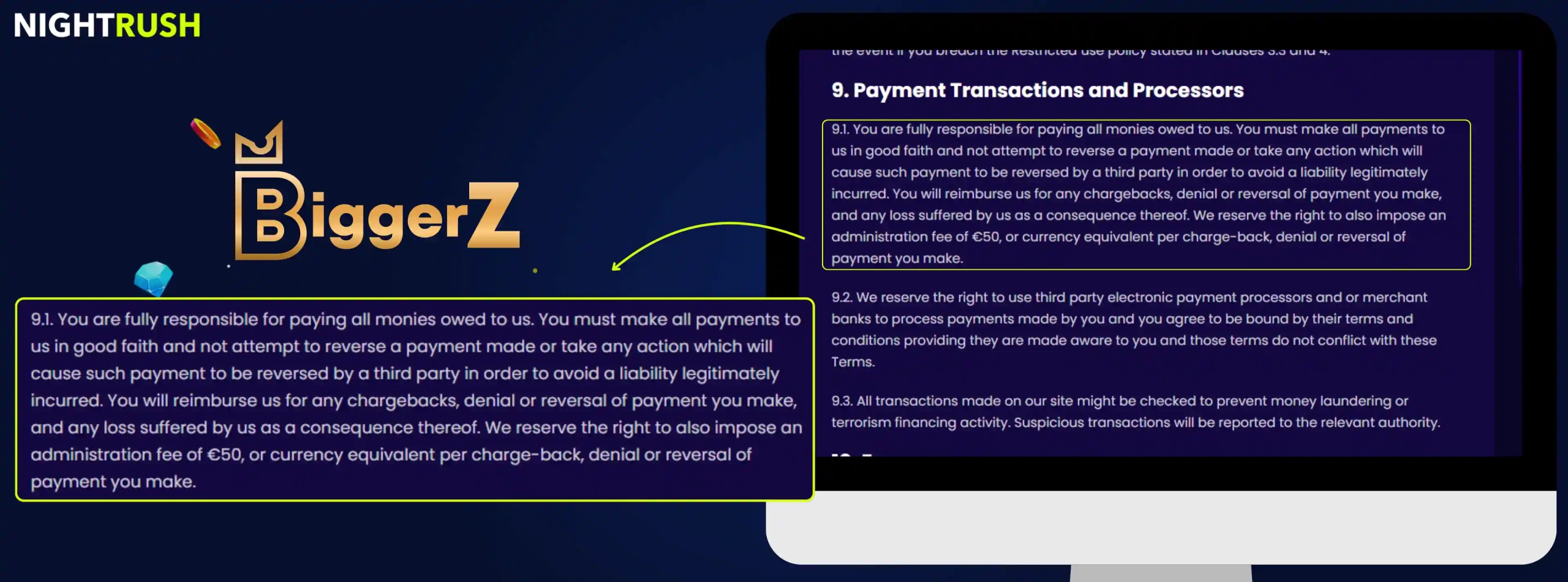 BiggerZ Casino's terms highlighting an administration fee against a blue background.