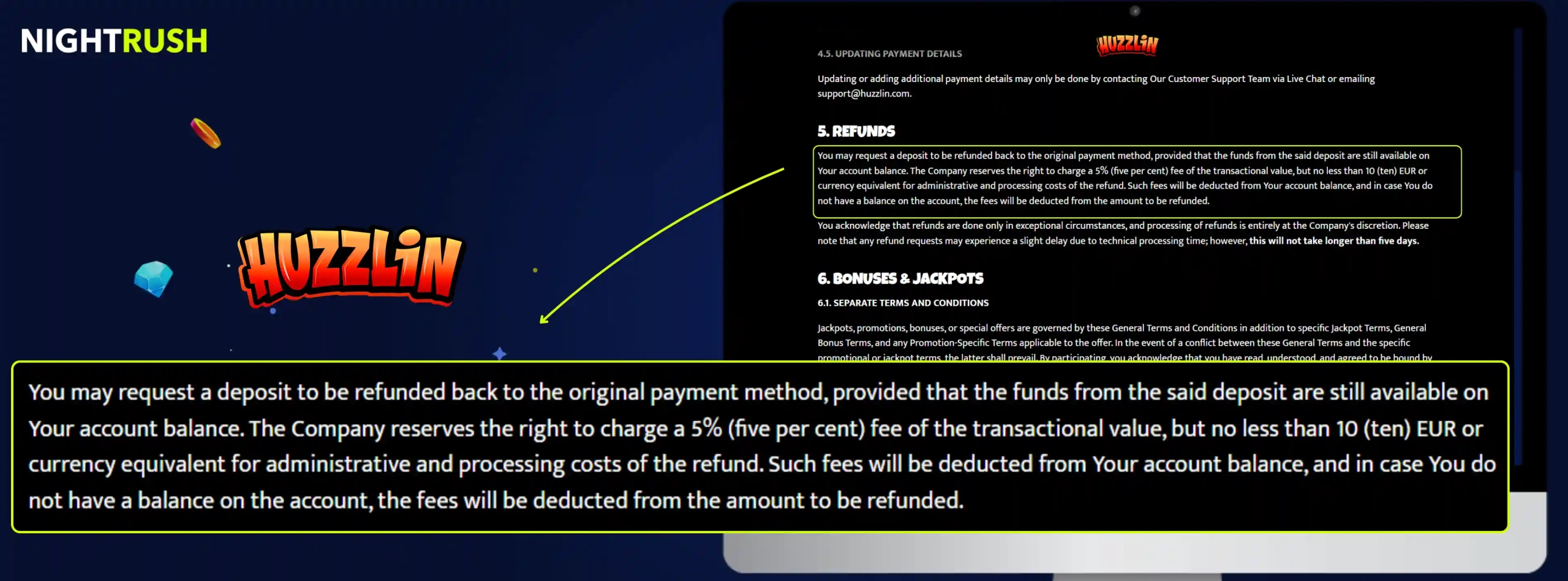 Huzzlin Casino's refund fee with the casino and Nightrush logo against a starry background.
