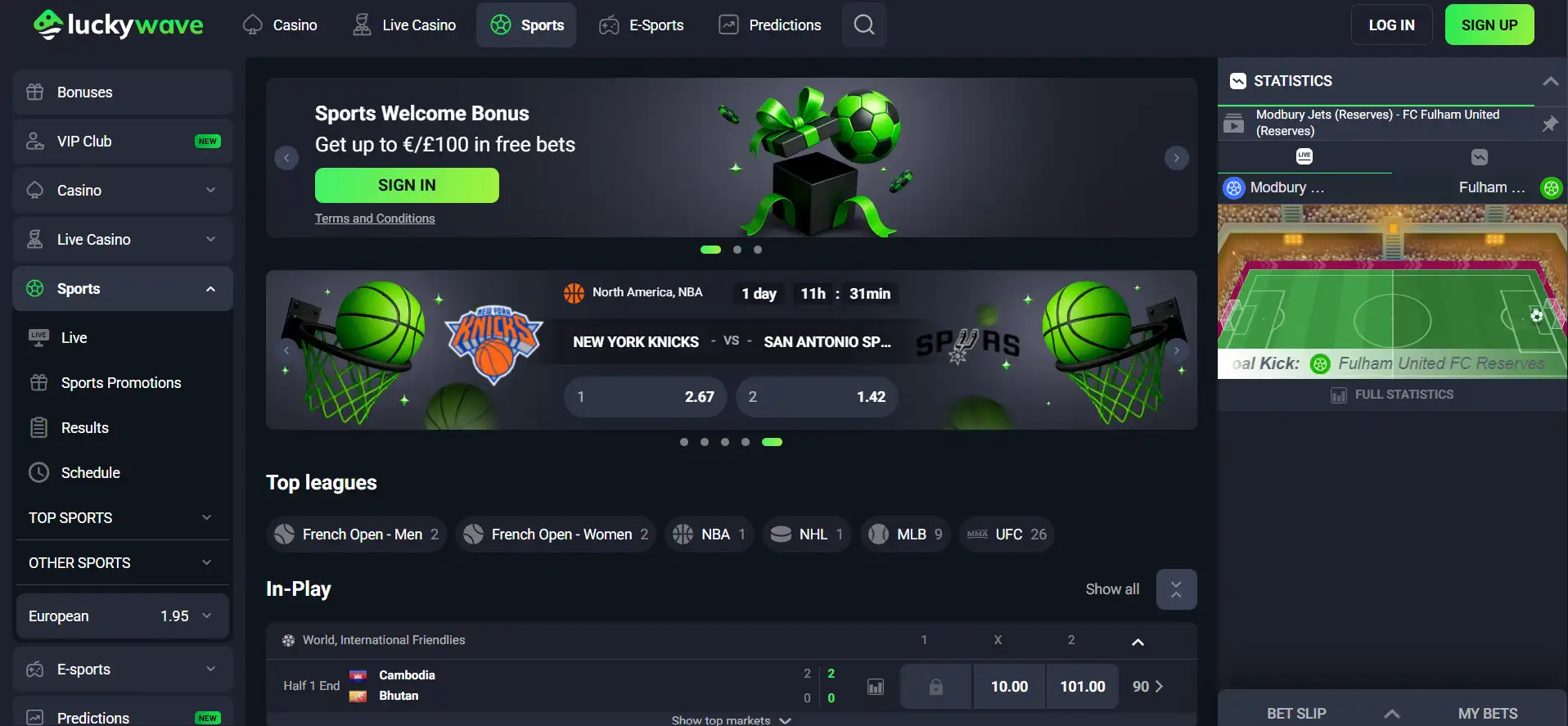 LuckyWave Casino's sports with leagues and filters against a black background.
