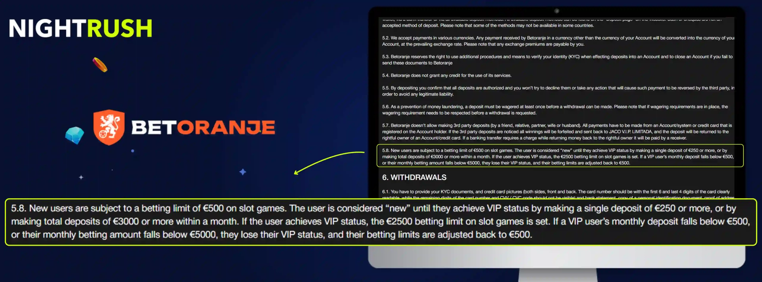 Betoranje Casino's terms about slot limits on a screen against a starry background.