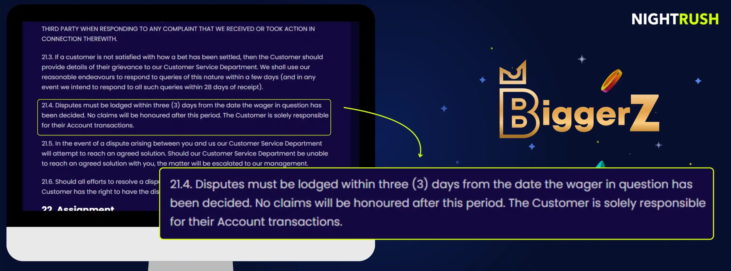 BiggerZ Casino's terms highlighting a time limitation for disputes against a blue background.