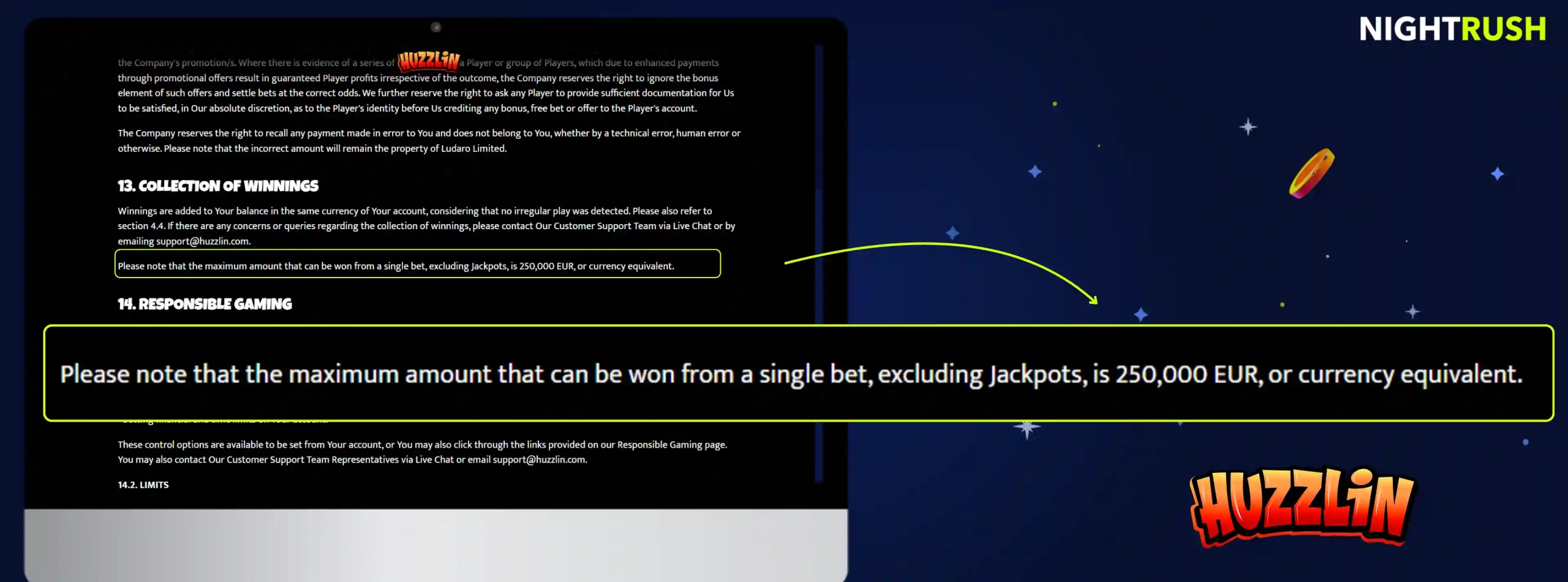  Huzzlin Casino's max win with the casino and Nightrush logo against a starry background.
